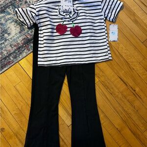 btween Black & White Striped Top with Red Sequin Cherry Motif